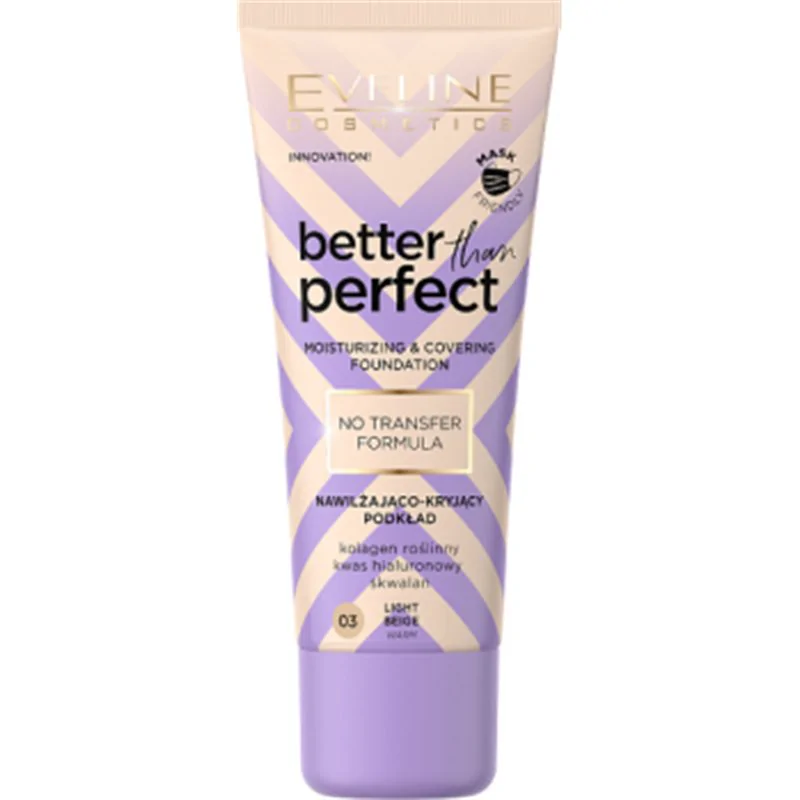 Eveline Better Than Perfect Nawilżająco-kryjący podkład z formułą No Transfer, 03 Light Beige