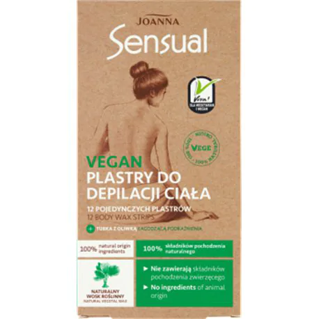 Joanna Sensual Vegan Plastry do depilacji ciała 12 sztuk + Tubka z oliwką łagodzącą 10 ml
