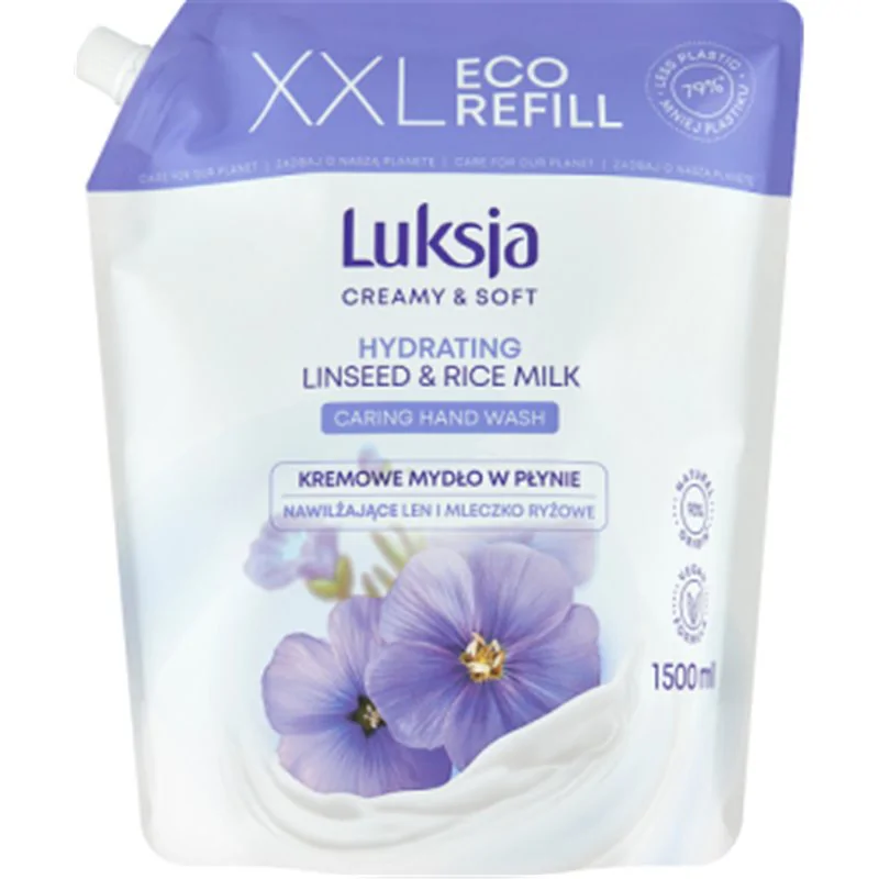 Luksja Creamy & Soft Kremowe mydło w płynie nawilżające len i mleczko ryżowe 1500 ml