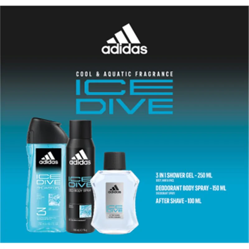 Zestaw kosmetyków Adidas Ice Dive płyn po goleniu 100ml, żel pod prysznic, deo spray