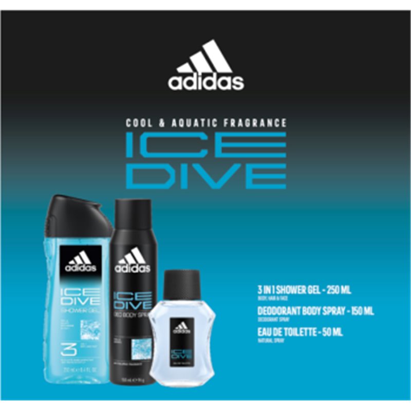 Zestaw kosmetyków Adidas Ice Dive woda toaletowa 50ml, deo 150ml, żel pod prysznic