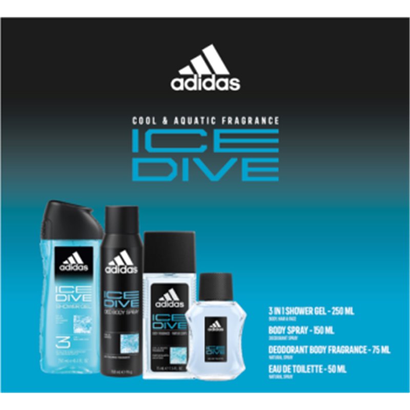 Zestaw kosmetyków Adidas Ice Dive woda toaletowa, żel pod prysznic, deo spray, deo perfum