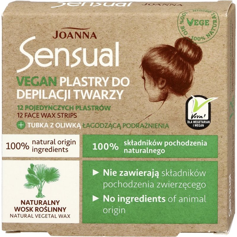 Joanna Sensual Vegan Plastry do depilacji twarzy 12 sztuk + Tubka z oliwką łagodzącą 10 ml