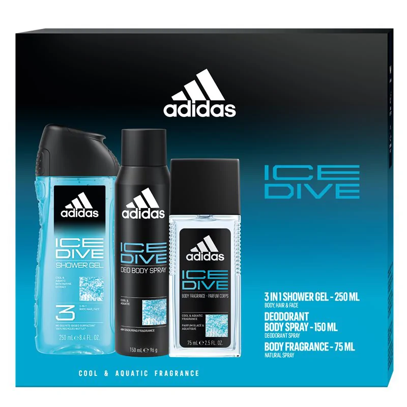 ADIDAS ICE DIVE Zestaw Męskich Kosmetyków Dezodorant + Żel + Perfum