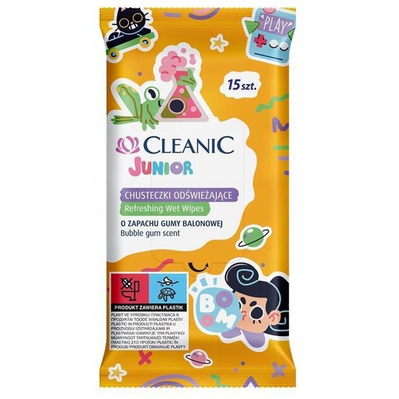 Cleanic Junior Chusteczki odświeżające z płynem antybakteryjnym Guma Balonowa 15 szt Cleanic Junior Chusteczki odświeżające z płynem antybakteryjnym Guma Balonowa 15 szt