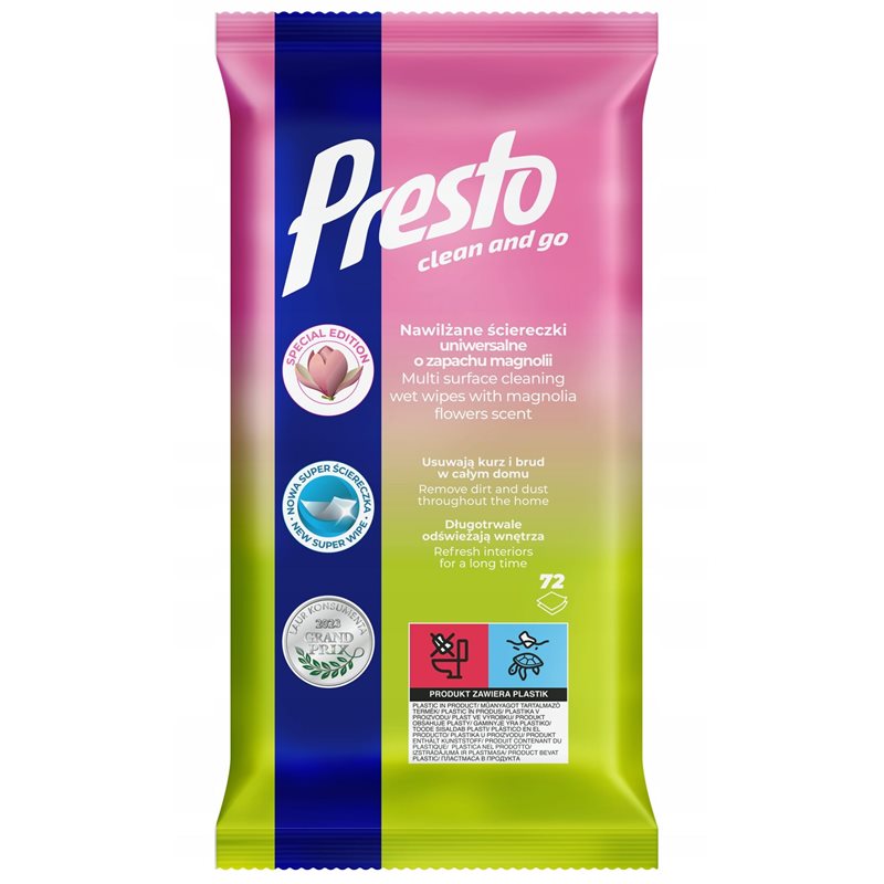 Presto Ściereczki nawilżane uniwersalne o zapachu magnolii 72 sztuki Presto Ściereczki nawilżane uniwersalne o zapachu magnolii 72 sztuki