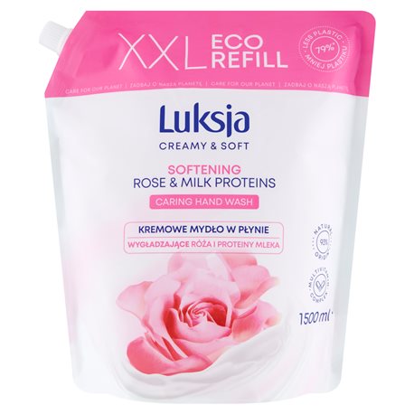 Luksja Creamy & Soft Kremowe mydło w płynie wygładzające róża i proteiny mleka 1,5 l Luksja Creamy & Soft Kremowe mydło w płynie wygładzające róża i proteiny mleka 1,5 l
