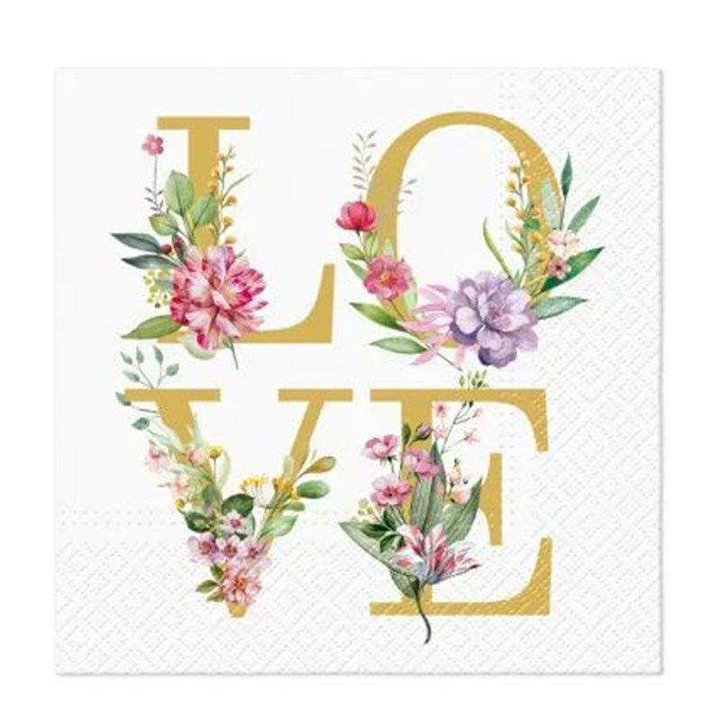Paw serwetki 3- warstwowe z napisem "LOVE"  i motywem kwiatowym 20 sztuk 33x33 cm