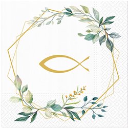 Paw serwetki komunijne  białe z eukaliptusem oraz złotym symbolem ryby 20 sztuk 33x33 cm