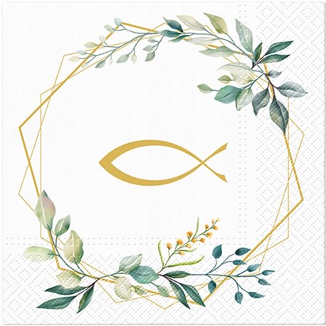 Paw serwetki komunijne  białe z eukaliptusem oraz złotym symbolem ryby 20 sztuk 33x33 cm