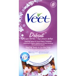 Veet Debiut EasyGrip Łatwe w użyciu plastry z woskiem do skóry wrażliwej 10 plastrów i 2 chusteczki