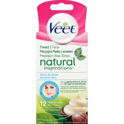 Veet Natural Inspirations Twarz Precyzyjne plastry z woskiem skóra wrażliwa 12 sztuk i 2 chusteczki