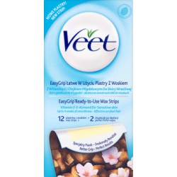 Veet EasyGrip Łatwe w użyciu plastry z woskiem do skóry wrażliwej 12 plastrów i 2 chusteczki