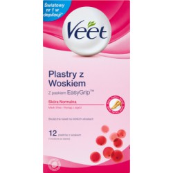 Veet Plastry z woskiem z paskiem EasyGrip Skóra Normalna 12 plastrów i 2 chusteczki