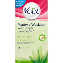 Veet Plastry z woskiem skóra sucha 12 sztuk i 2 chusteczki