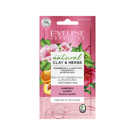 Eveline Natural Clay & Herbs Nawilżająco-rozświetlająca biomaseczka z różową glinką